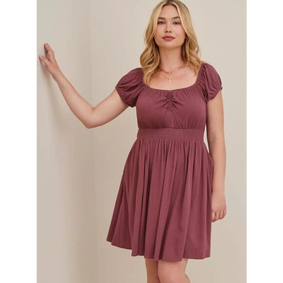 Torrid Mini Lenny Smocked Waist Dress in Wild Ginger Burgundy - Picture 2 of 12